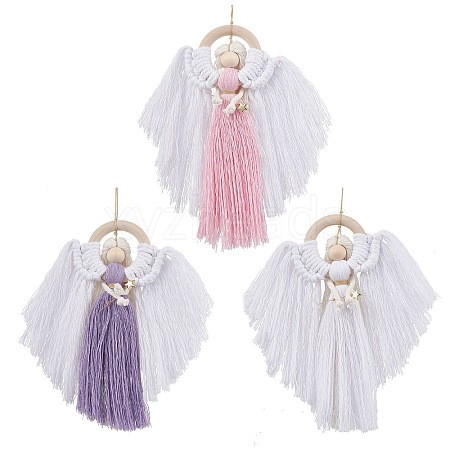 3Pcs 3 Colors Angel Wood & Cotton Threads Pendant Decoration HJEW-JM02406-1