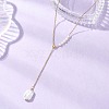 Adjustable Natural Keshi Pearl Rectangle Pendant 304 Stainless Steel Cable Chain Lariat Y Necklaces NJEW-JN05950-1