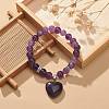 Natural Amethyst Round Beaded Stretch Bracelet with Heart Charm BJEW-JB09019-02-2