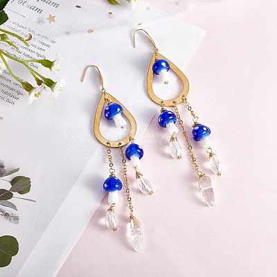 Natural Quartz Crystal Teardrop & Lampwork Mushroom Chandelier Earrings EJEW-SW00018-01-1