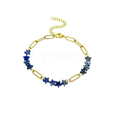 Natural Sodalite Star Beaded Bracelets with 304 Stainless Steel Paperclip Chains WGC91F5-02-1