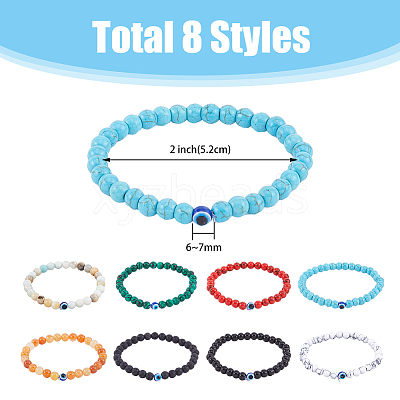 8Pcs 8 Style Natural & Synthetic Mixed Gemstone & Evil Eye Round Beaded Stretch Bracelets Set BJEW-FI0001-48-1