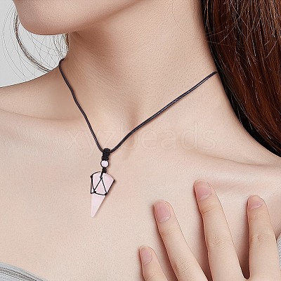 Natural Rose Quartz Cone Braided Pendant Necklace NJEW-SZ0001-59E-1