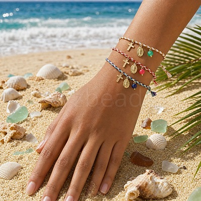 3Pcs 3 Colors Bohemian Brass Religon Cross Virgin Charm Bracelet Sets DS9557-3-1