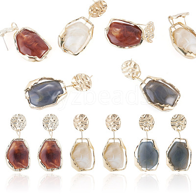 3 Piars 3 Colors Oval with Flat Round Alloy Resin Dangle Stud Earrings EJEW-TA0001-84-1