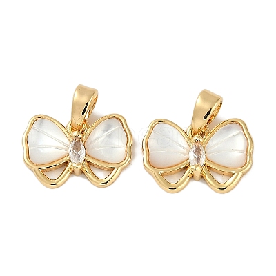 Brass Clear Cubic Zirconia Pave Natural Shell Bowknot Charms KK-P283-09G-1