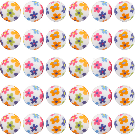 30pcs Round with Flower Pattern Silicone Focal Beads SIL-SC0002-03B-1