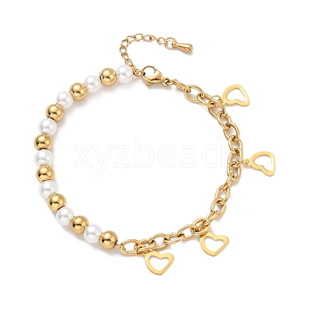 201 Stainless Steel Heart Charm Bracelet BJEW-A126-10G-1