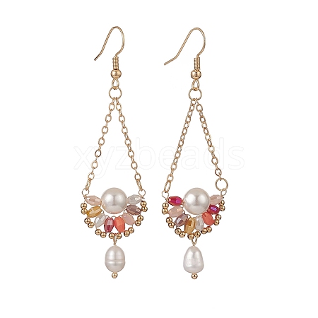 Natural Pearl & Glass Teardrop with Flower Dangle Earrings EJEW-TA00222-04-1