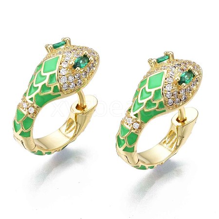 Green Cubic Zirconia Snake Huggie Hoop Earring EJEW-N011-46D-NF-1