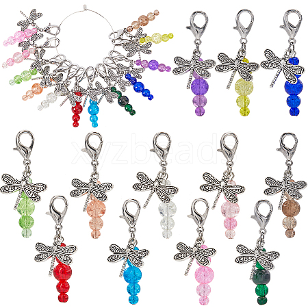 Dragonfly Glass & Alloy Pendant Locking Stitch Markers HJEW-SC00078-1