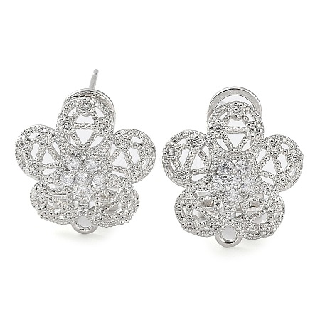 Flower Brass Micro Pave Cubic Zirconia Stud Earrings Finding KK-E083-21P-1