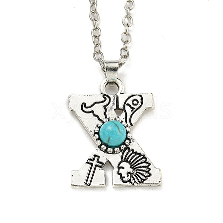 Letter A~Z Antique Silver Plated Alloy with Synthetic Turquoise Pendant Necklaces NJEW-G080-01X-1