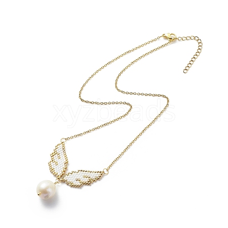 Glass Seed Wing with Natural Pearl Pendant Necklace NJEW-MZ00008-1