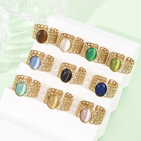 304 Stainless Steel with Glass Cat Eye Cuff Rings for Women RJEW-K309-40B-1