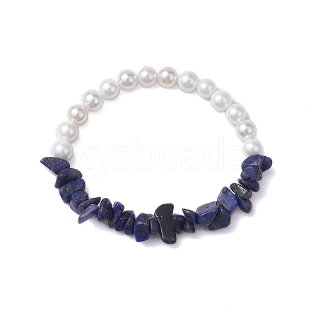 Natural Lapis Lazuli Chip & Round Pearl Shell Stretch Bracelets for Women BJEW-JB10552-01-1