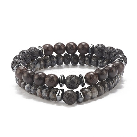 2Pcs 2 Style Natural Ebony Wood & Gemstone Stretch Bracelets Set BJEW-JB07995-1