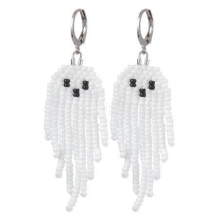 Halloween Woven MIYUKI Seed Beads Ghost Hoop Earrings EJEW-JE05854-01-1