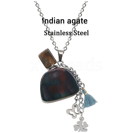 Natural Natural Agate Perfume Bottle Pendant Necklace with Staninless Steel Butterfly Flower and Tassel Charms BOTT-PW0002-072I-1