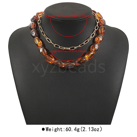 Opaque Resin Oval Beaded Alloy Paperclip Chain Double Layer Necklaces FS-WG06472-04-1