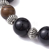 12mm Round Natural Black Onyx(Dyed & Heated) & 10mm Round Natural Tiger Eye & Alloy Beaded Stretch Bracelets for Women BJEW-JB10559-3