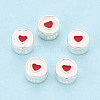 925 Sterling Silver Enamel Flat Round with Red Heart Beads STER-T009-22S-2