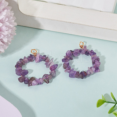 2Pcs Natural Amethyst Chip Beaded Pendants PALLOY-TAC0232-06-1