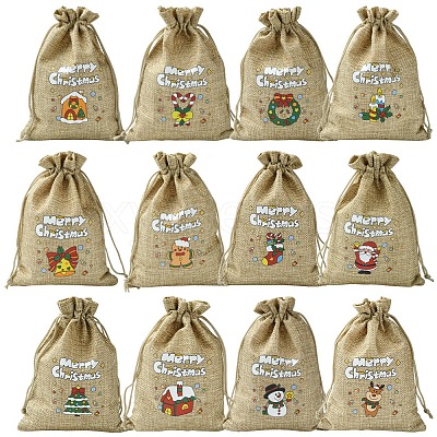 12Pcs 12 Styles Christmas Printed Burlap Packing Pouches Drawstring Bags ABAG-FS0001-03B-1