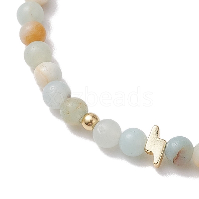 4mm Round Mixed Gemstone & Lightning Bolt Brass Beaded Stretch Bracelets BJEW-JB10856-1