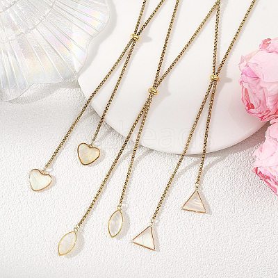 Adjustable Brass & Natural White Shell Geometric Tassel 304 Stainless Steel Box Chain Lariat Necklaces for Women NJEW-JN06259-1