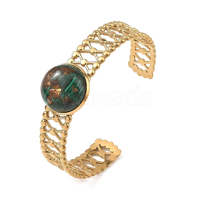 Synthetic Bronzite and Malachite Half Round 304 Stainless Steel Hollow Cuff Bangle for Women BJEW-JB14491-01-1