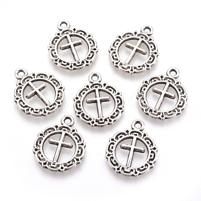 Tibetan Style Flat Round with Cross Alloy Pendants TIBEP-Q054-07AS-RS-1
