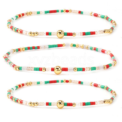 Boho Round Brass and Glass Seed Beaded Stretch Stackable Bracelet Sets BP2363-1-1