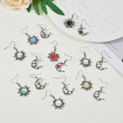 8 Sets 8 Colors Sun & Moon Glass Asymmetrical Earrings EJEW-FI0002-05-1