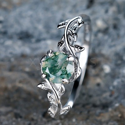 Oval & Leaf 925 Sterling Silver with Moss Agate Finger Rings FS-WGF1EFD-01-1