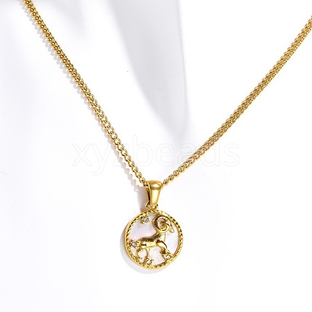 Ion Plating(IP) Titanium Steel Pave Shell Flat Round Constellation Pendant Twist Chain Necklaces PW-WG99157-10-1