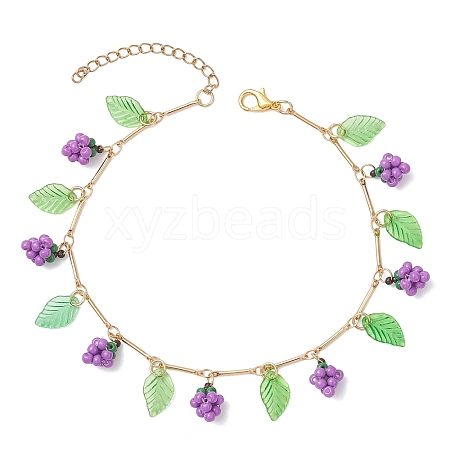 Acrylic Leaf & Glass Seed Beaded Grapes Tassel Brass Bar Link Chain Anklets for Women AJEW-MZ00008-01-1