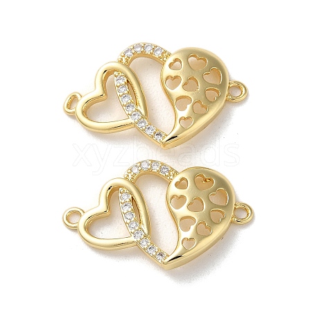 Brass Micro Pave Clear Cubic Zirconia Double Heart Links Connector Charms KK-M287-01G-1