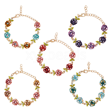 FIBLOOM 5Pcs 5 Colors Alloy Rose Link Chain Bracelets Set with Rhinestone BJEW-FI0001-63-1