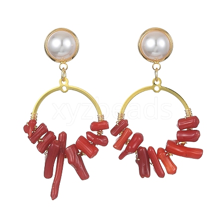 Dyed Synthetic Coral Irregular Column Beaded Dangle Stud Earrings EJEW-TA00293-1