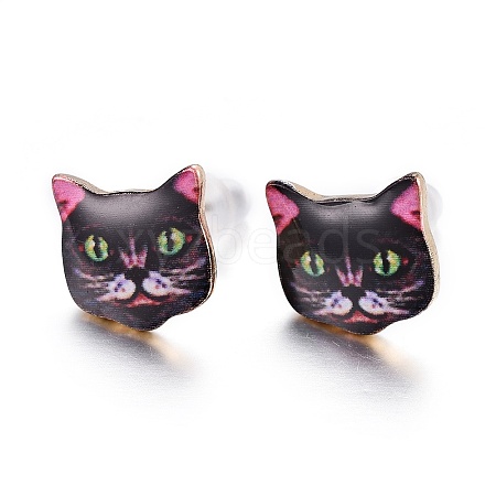 Real 14K Gold Plated Alloy Kitten Stud Earrings EJEW-G148-01G-02-1