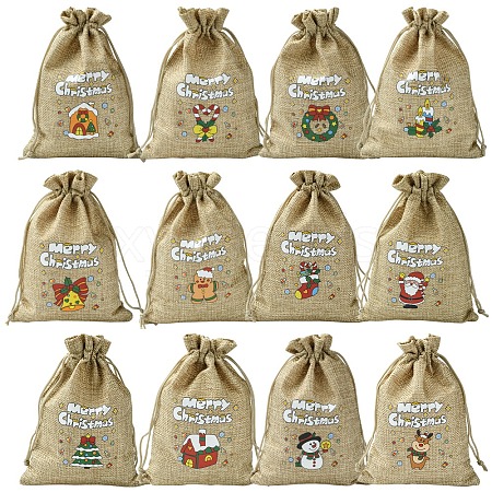 12Pcs 12 Styles Christmas Printed Burlap Packing Pouches Drawstring Bags ABAG-FS0001-03B-1