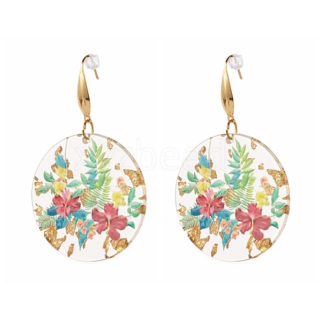 Transparent Epoxy Resin Flat Round with 3D Printed Flower Pattern Dangle Earrings EJEW-JE04580-1