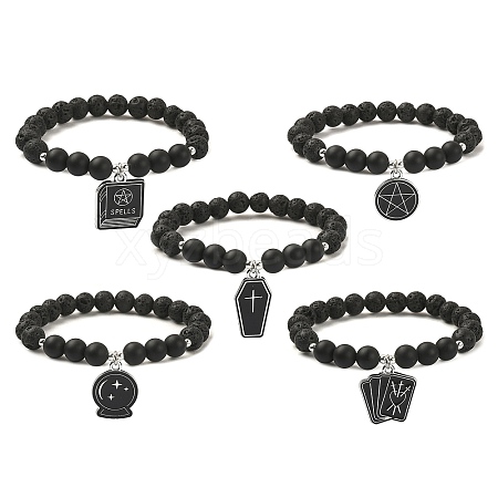 Natural Lava Rock & Black Agate Beaded Stretch Bracelet with Alloy Enamel Charms BJEW-JB09501-1