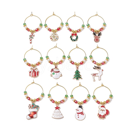 Christmas Theme Electroplate Glass Beads & Alloy Enamel Wine Glass Charms AJEW-JO00256-1