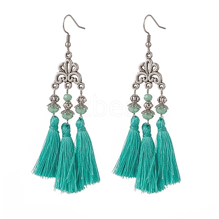 Polyester Tassel with Glass Beaded Chandelier Earrings EJEW-TA00183-01-1