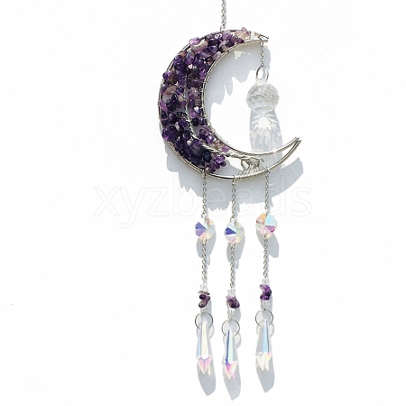 Wire Wrapped Natural Amethyst Chips & Metal Moon with Tree of Life Hanging Ornaments PW-WGC1F9E-05-1