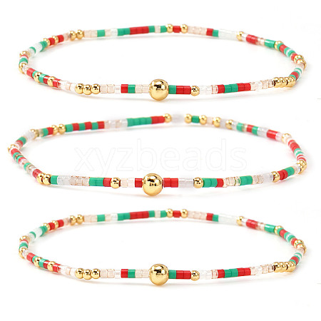 Boho Round Brass and Glass Seed Beaded Stretch Stackable Bracelet Sets BP2363-1-1