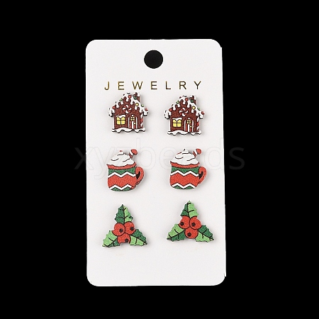 Christmas Wood Stud Steel Needle Earrings EJEW-U016-03P-01-1