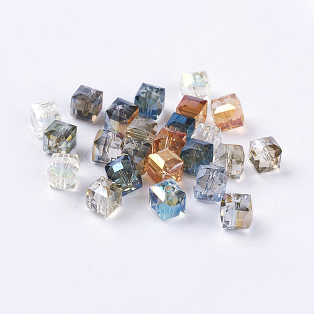 Rainbow Plated Faceted Cube Electorplated Glass Beads X-EGLA-E006-M1-1